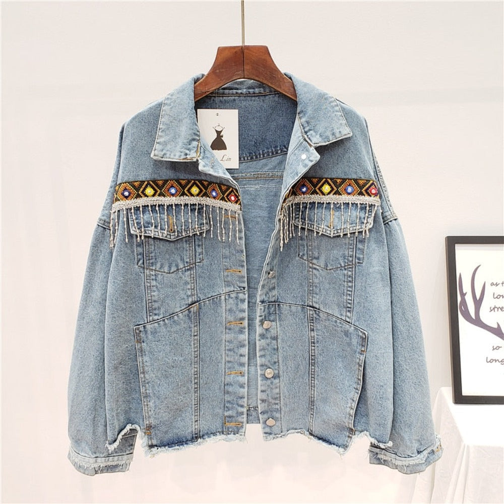Vintage Jeans Jacket Coat Women Tassel Embroidery Flowers Denim Coat Loose Long Sleeve Short Bohemia Denim Jacket Outwear - Necessary Clothing Store