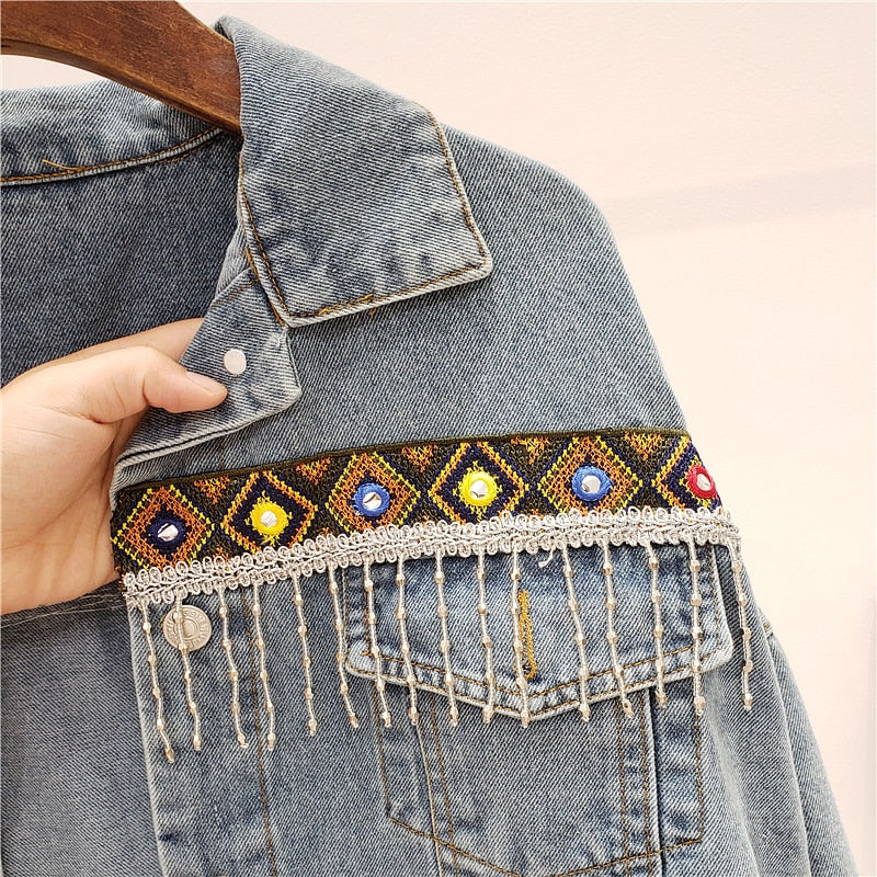 Vintage Jeans Jacket Coat Women Tassel Embroidery Flowers Denim Coat Loose Long Sleeve Short Bohemia Denim Jacket Outwear - Necessary Clothing Store