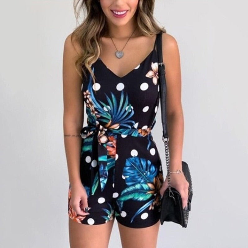Print Slim V-Neck Sleeveless Romper - Necessary Clothing Store