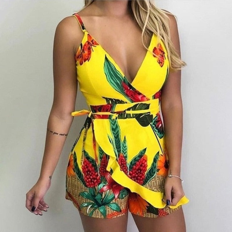 Print Slim V-Neck Sleeveless Romper - Necessary Clothing Store