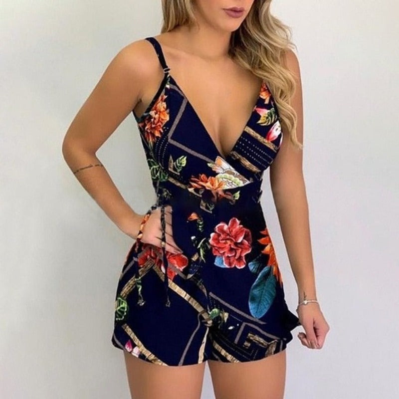 Print Slim V-Neck Sleeveless Romper - Necessary Clothing Store