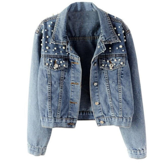 Pearl Beading Short Denim White Wash Long Sleeve Jean Jacket Bomber - Necessary Clothing Store