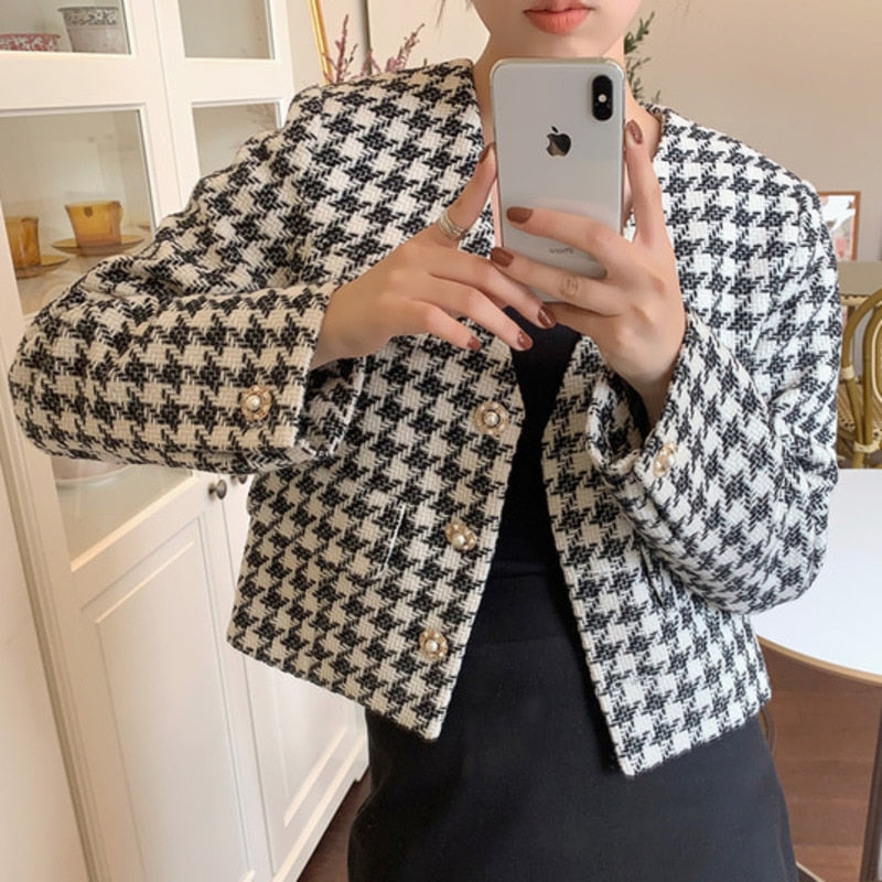 Women's Vintage Houndstooth Short Jacket Elegance V-neck Loose OL Cropped - Necessary Clothing Store
