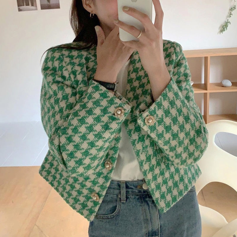 Women's Vintage Houndstooth Short Jacket Elegance V-neck Loose OL Cropped - Necessary Clothing Store