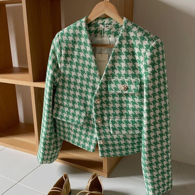 Women's Vintage Houndstooth Short Jacket Elegance V-neck Loose OL Cropped - Necessary Clothing Store