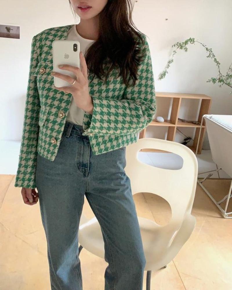 Women's Vintage Houndstooth Short Jacket Elegance V-neck Loose OL Cropped - Necessary Clothing Store