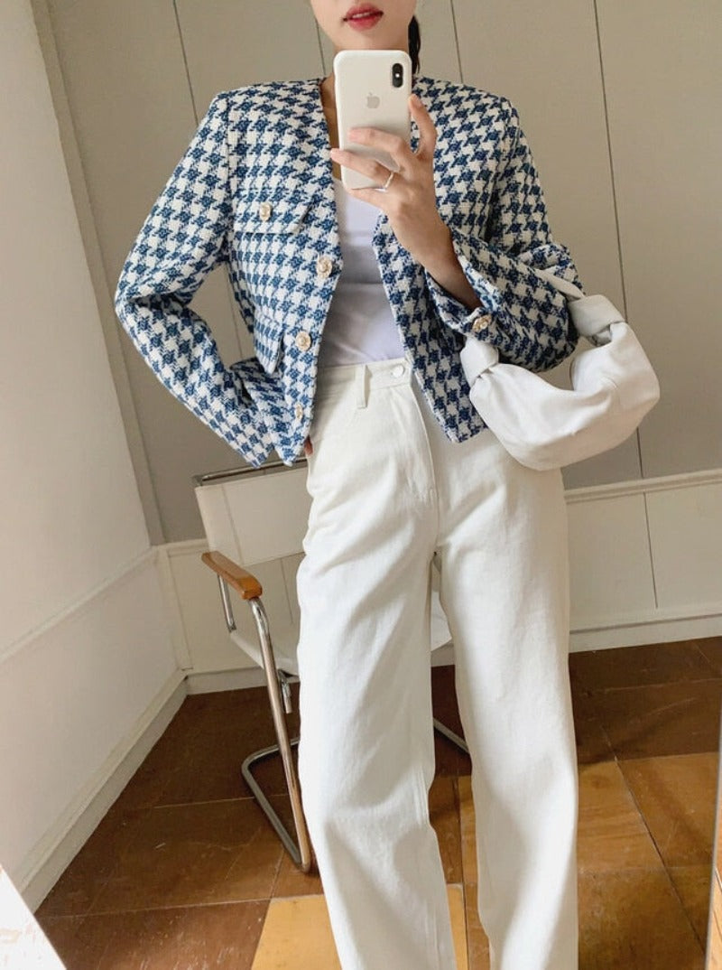 Women's Vintage Houndstooth Short Jacket Elegance V-neck Loose OL Cropped - Necessary Clothing Store