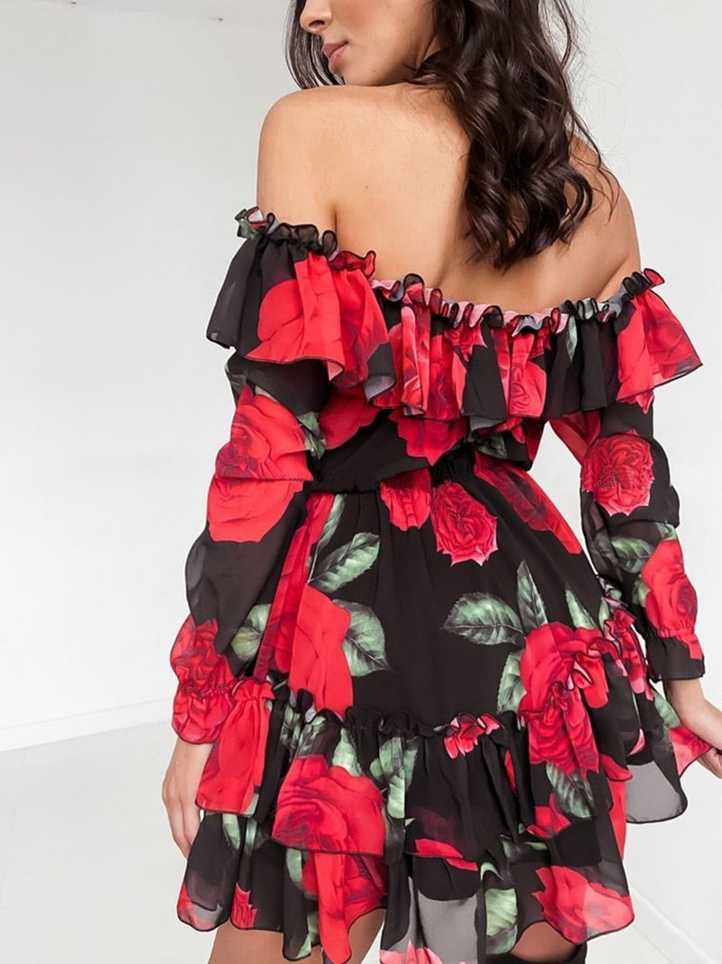 Women Off Shoulder Ruffles Flower Print Long Sleeve Elegant Party Dress Chiffon - Necessary Clothing Store