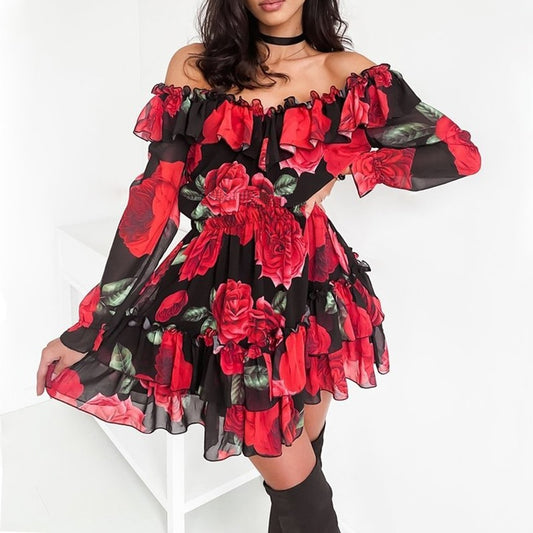 Women Off Shoulder Ruffles Flower Print Long Sleeve Elegant Party Dress Chiffon - Necessary Clothing Store