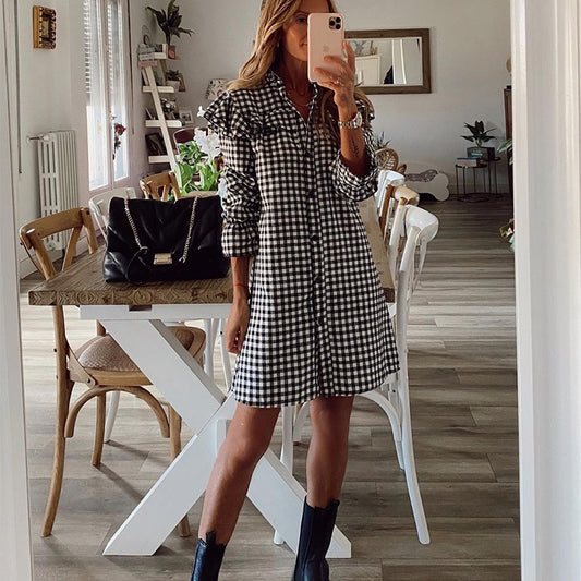 Women Ruffle Hound's Tooth Plaid Midi Long Sleeves Dress - Necessary Clothing Store