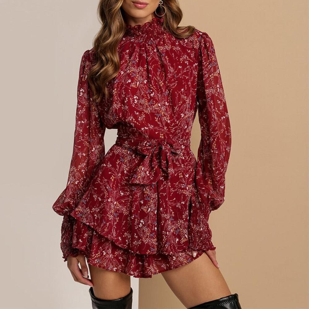 Vintage Perspective Floral Print Mini Turtleneck Long Sleeve Chiffon A Line Dress - Necessary Clothing Store