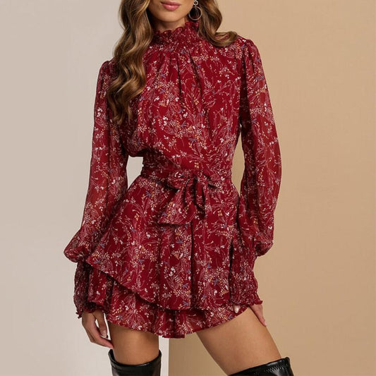 Vintage Perspective Floral Print Mini Turtleneck Long Sleeve Chiffon A Line Dress - Necessary Clothing Store