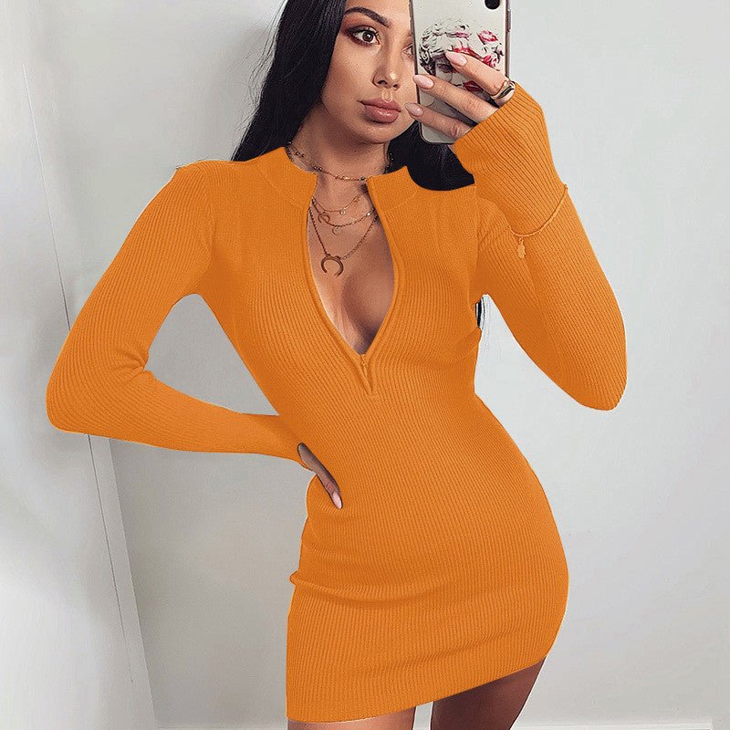 Ribbed Stand Collar Zipper Deep V - neck Stretch Bodycon Pencil Dress - Necessary Clothing