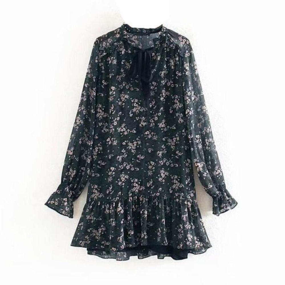 Ruffle Bow Tie Floral Print Vintage Long Sleeve Loose Pleated Dress - Necessary Clothing