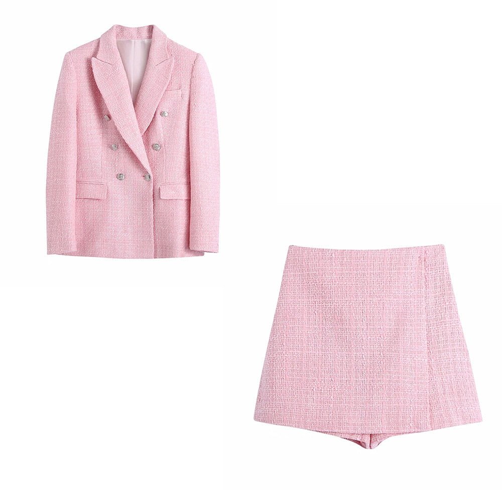 Tweed Double - Breasted Slim Blazer Culottes Skirt Suit - Necessary Clothing