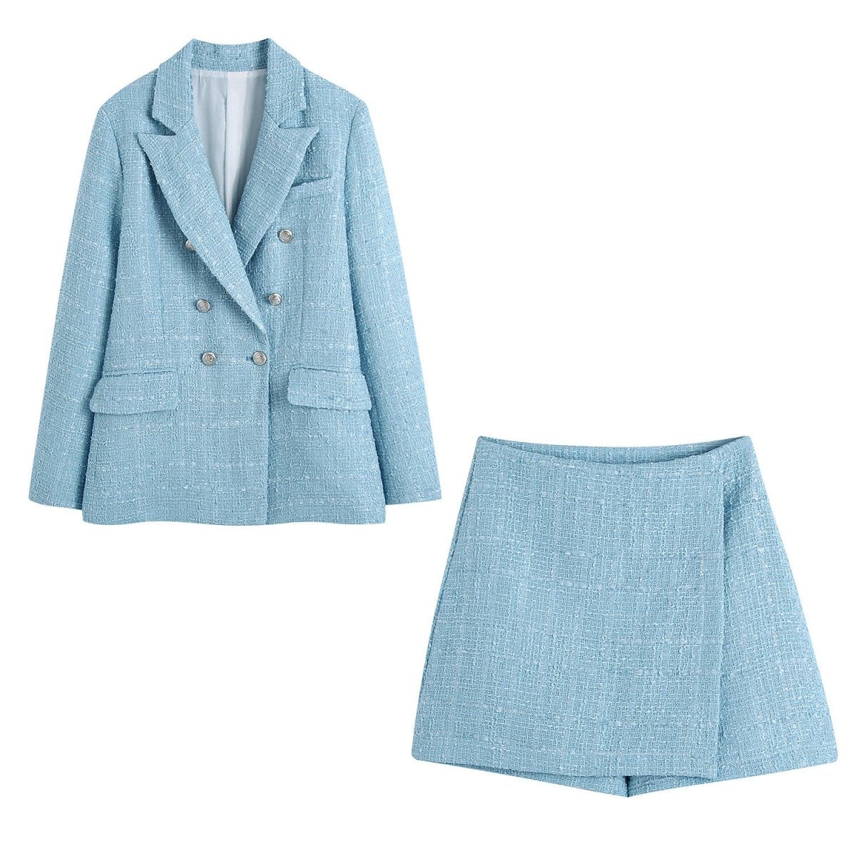 Tweed Double - Breasted Slim Blazer Culottes Skirt Suit - Necessary Clothing