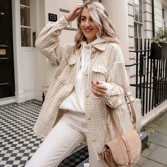 Tweed Vintage Oversize Plaid Chic Streetwear Loose Shirt Elegant Outfit - Necessary Clothing