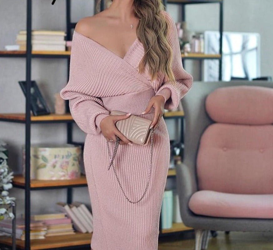 V - Neck Knitted Two - piece Batwing Sleeve Sweater Dress - Necessary Clothing