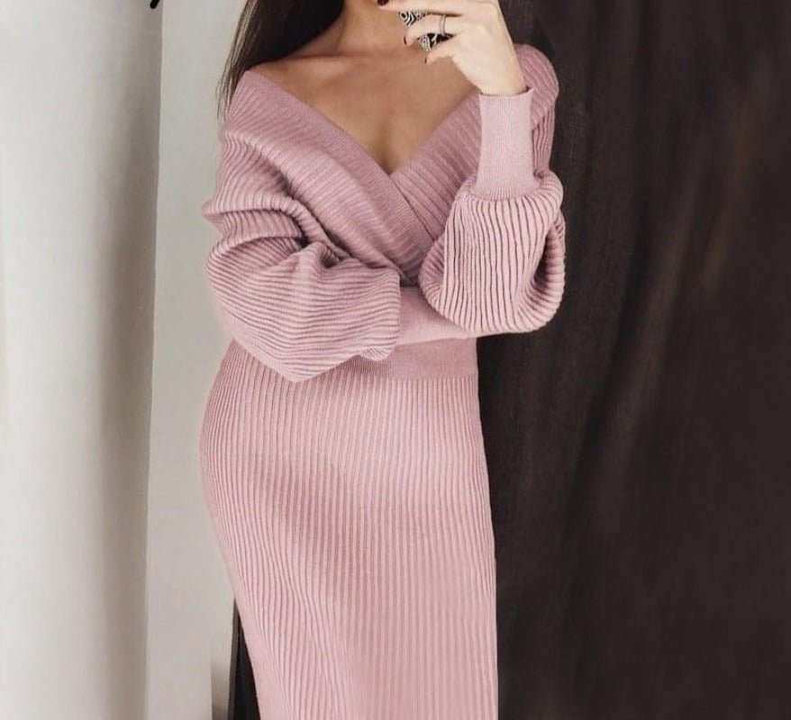 V - Neck Knitted Two - piece Batwing Sleeve Sweater Dress - Necessary Clothing