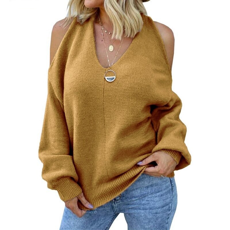 V - neck Off - shoulder Knitted Sexy Sweater - Necessary Clothing