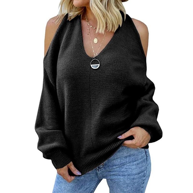 V - neck Off - shoulder Knitted Sexy Sweater - Necessary Clothing