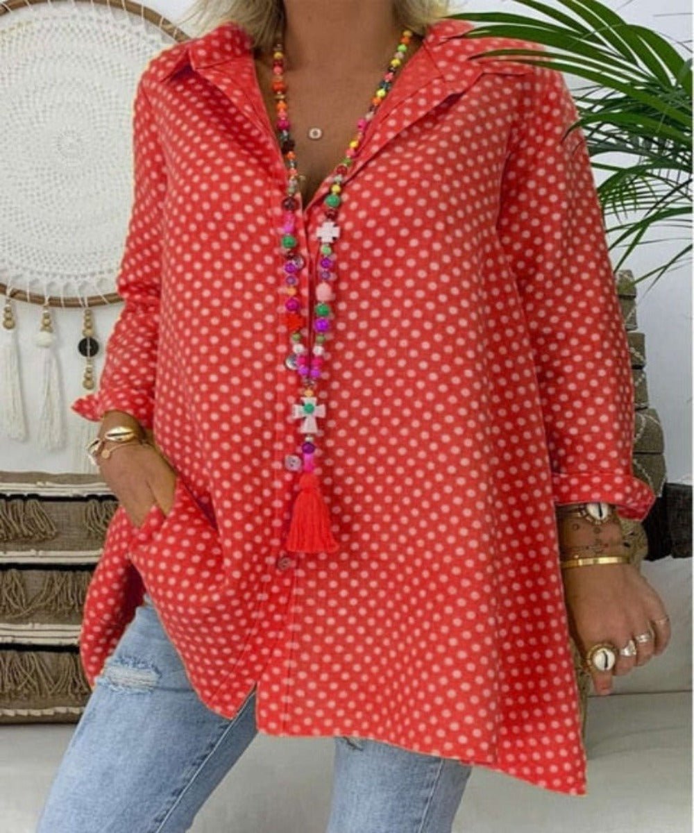 V Neck Polka Dot Long Sleeve Loose Blouse - Necessary Clothing