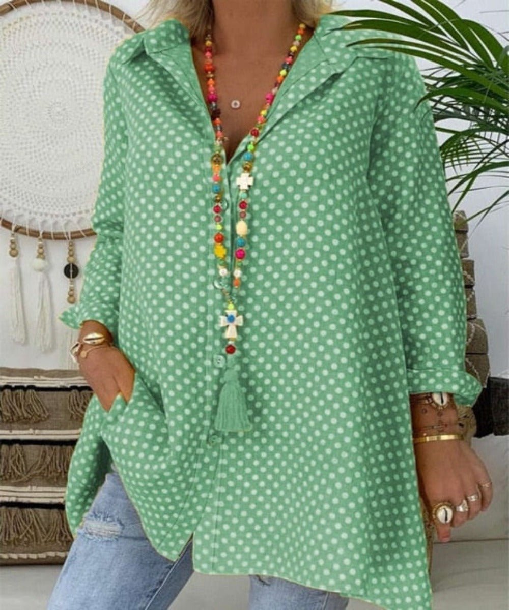 V Neck Polka Dot Long Sleeve Loose Blouse - Necessary Clothing
