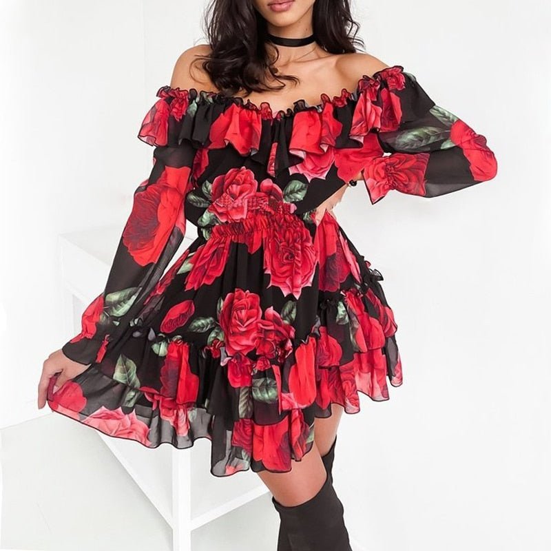 Women Off Shoulder Ruffles Flower Print Long Sleeve Elegant Party Dress Chiffon - Necessary Clothing